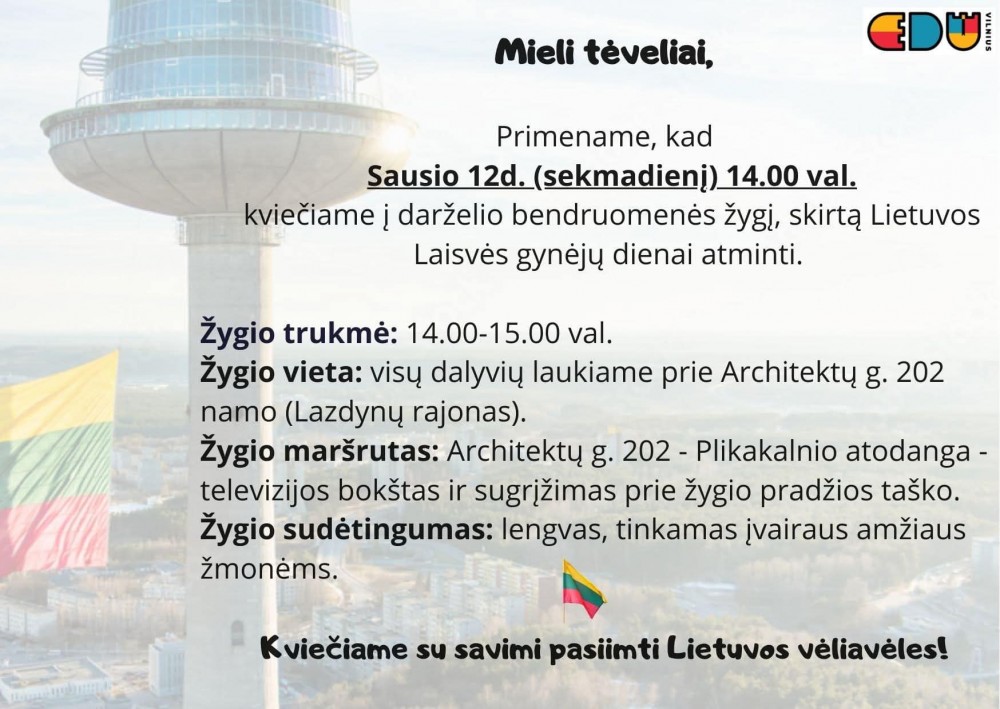 Kviečiame į darželio bendruomenės žygį, skirtą Lietuvos Laisvės gynėjų dienai atminti!