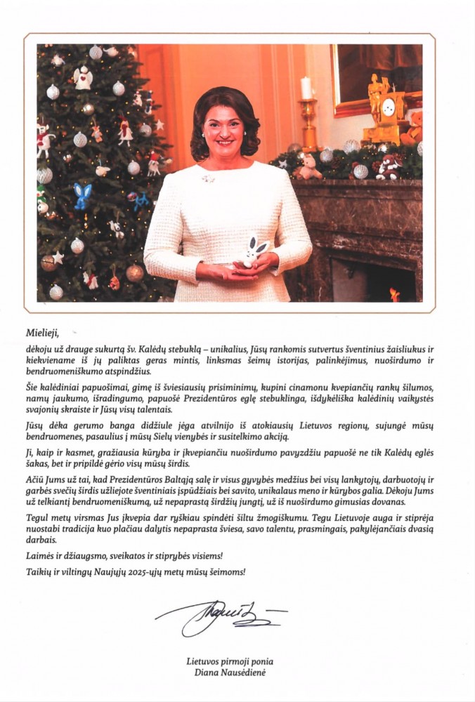 Lietuvos pirmosios ponios Dianos Nausėdienės padėka už dalyvavimą kalėdinių žaisliukų kūrimo akcijoje